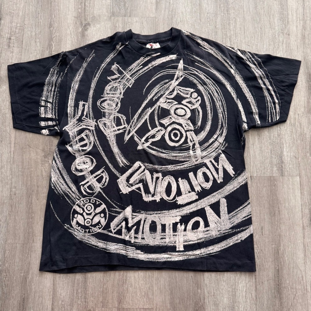 Vintage Body in Motion Graphic T-Shirt XXL Black 90s AOP Made in USA SURF